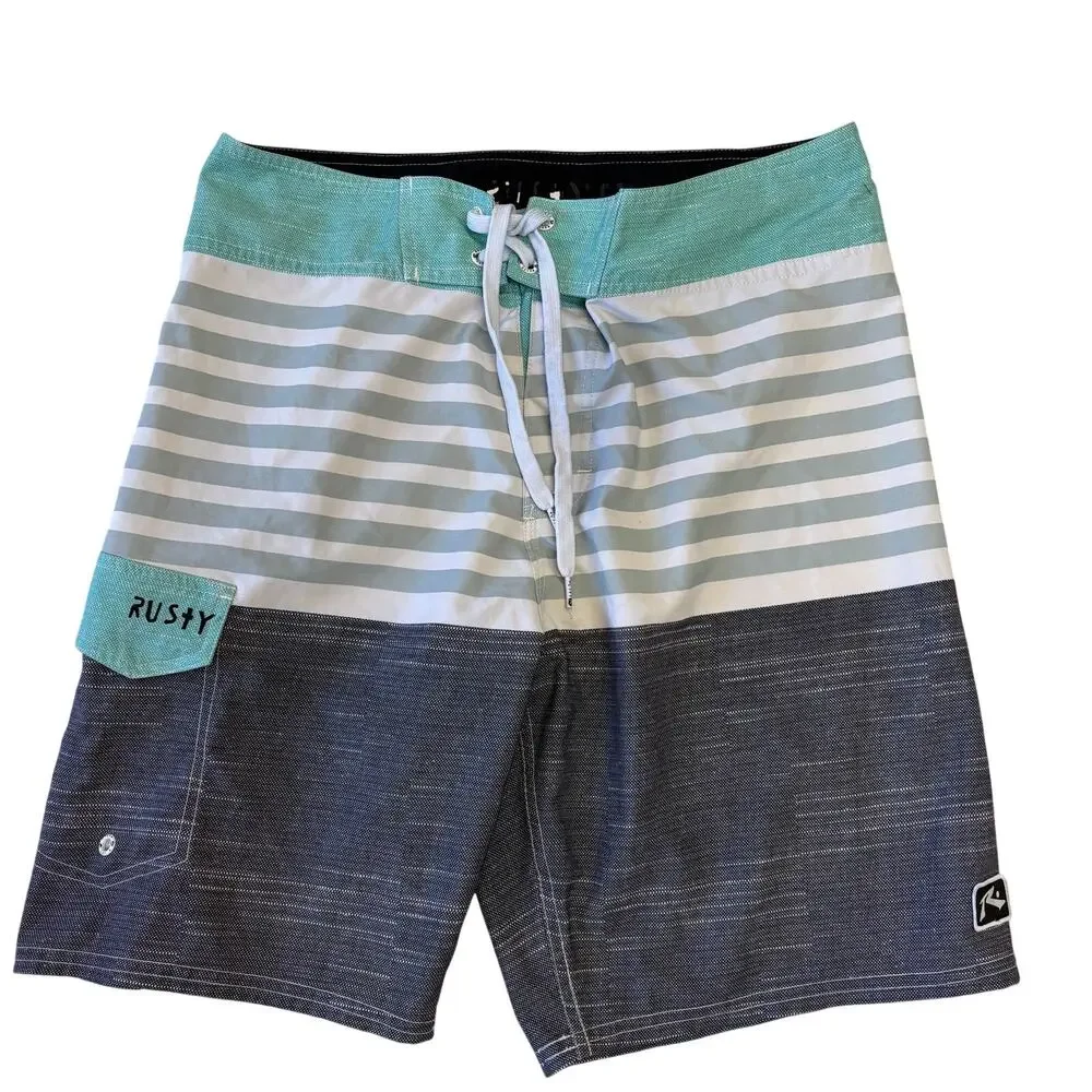 Rusty Shorts 32 Mens White Gray Striped Trunks Swim Surfing Summer Boardshort